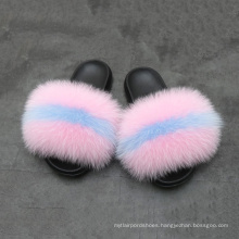 Wholesale custom indoor slipper luxury style women fur flat slides fox fur slipper comfortable cute high quality